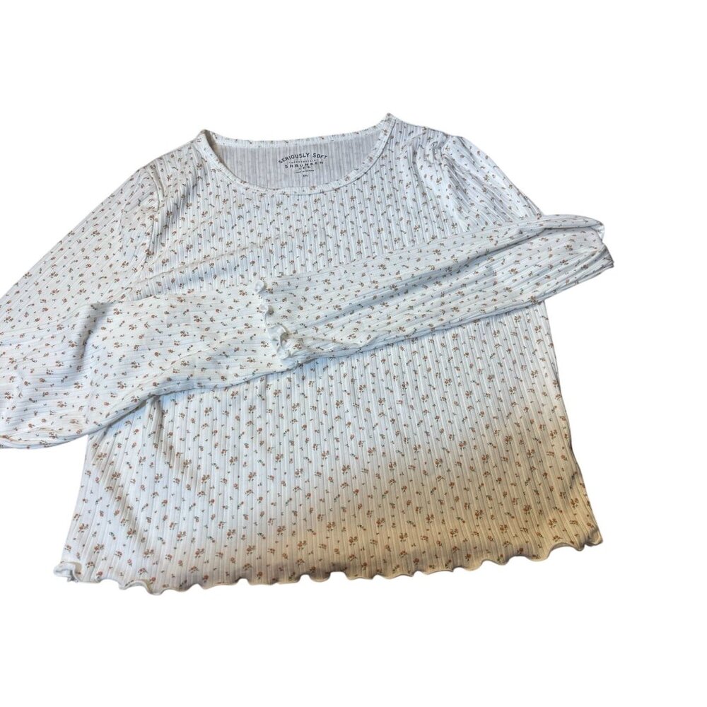 Long-Sleeve White Floral Ribbed Top By Aeropostale Shrunken Tee  Women's Size XX